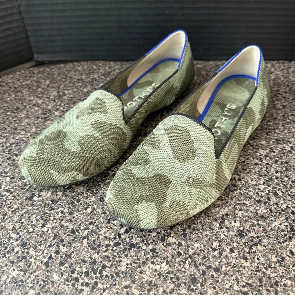 Rothy's Green‎ Camo Knit Round Toe Flats Shoes Women 7.5 Orange Black Stripe